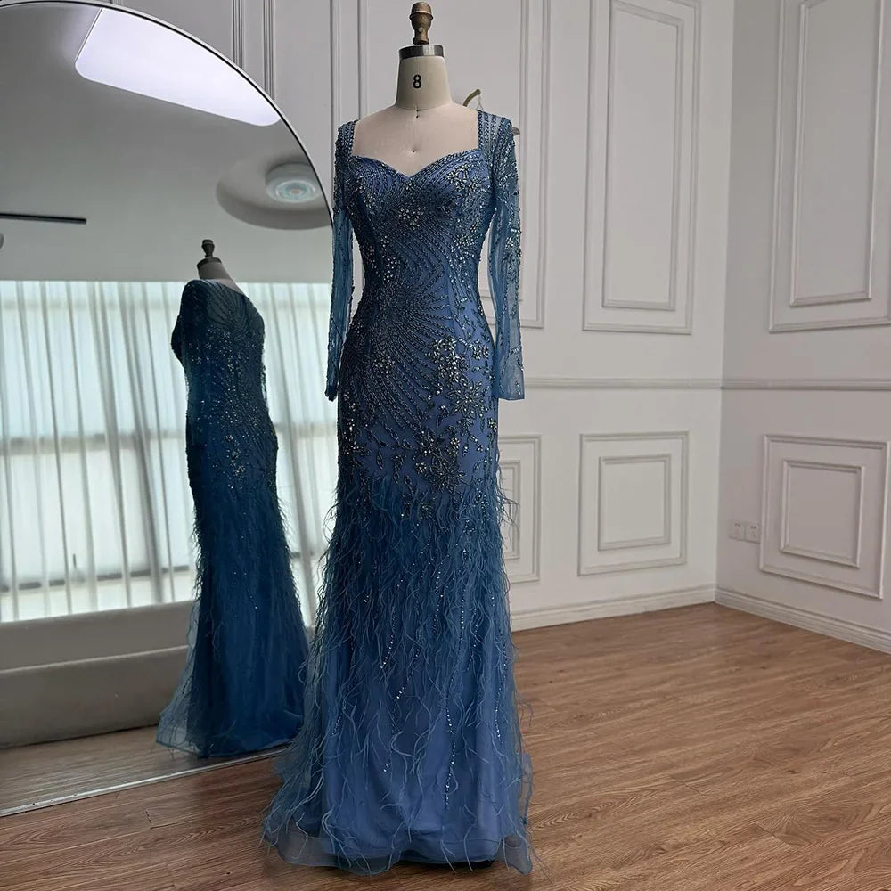 Arabic Blue Feather Beaded Mermaid Evening Dress for Women LA71818