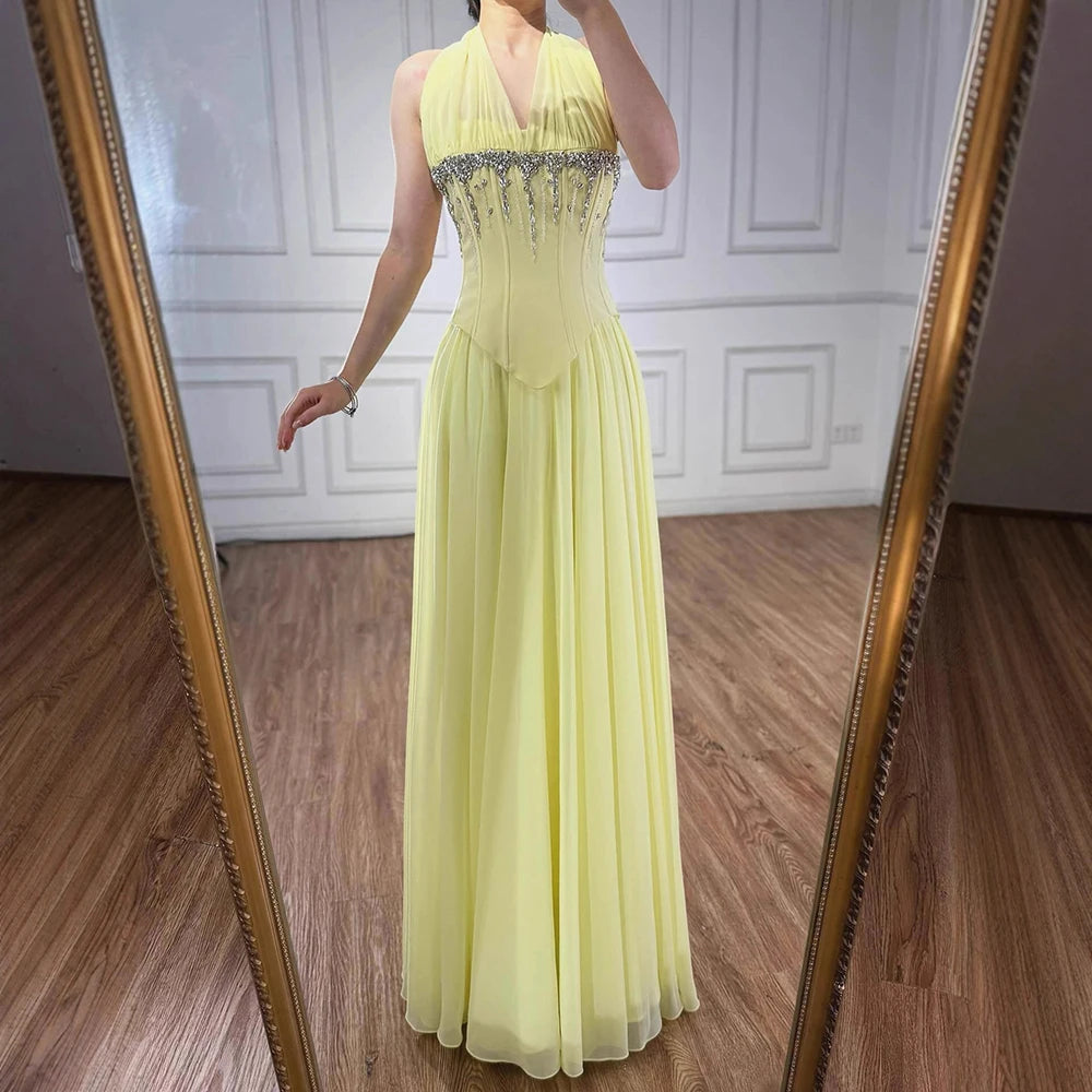 Luxury Designer Sage Green Chiffon Halter Beaded   Evening Dress LA73074