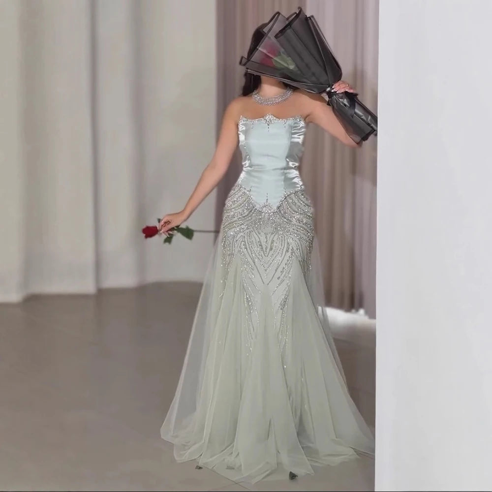 Luxury Sage Green Beaded Mermaid Evening Dress with Balloon Sleeves LA73201