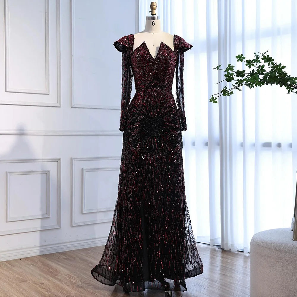 Luxury Wine Red Sequined Long Sleeve Evening Dress LA73126