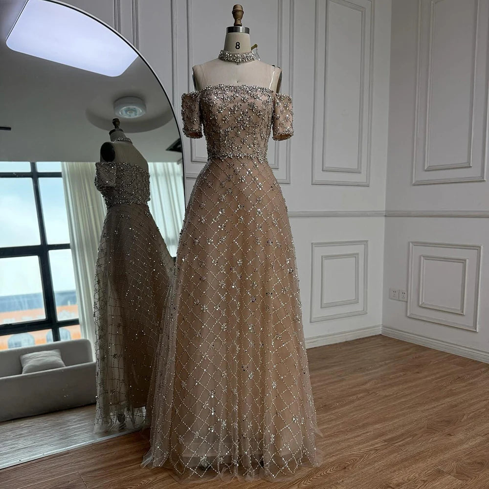 Luxury Nude Sliver Off Shoulder Beaded Crystal A-Line Evening Dress LA73122