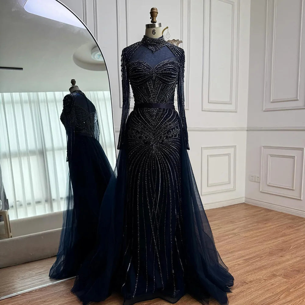 Luxury Nude Beaded Evening Dress with Detachable Overskirt LA72990