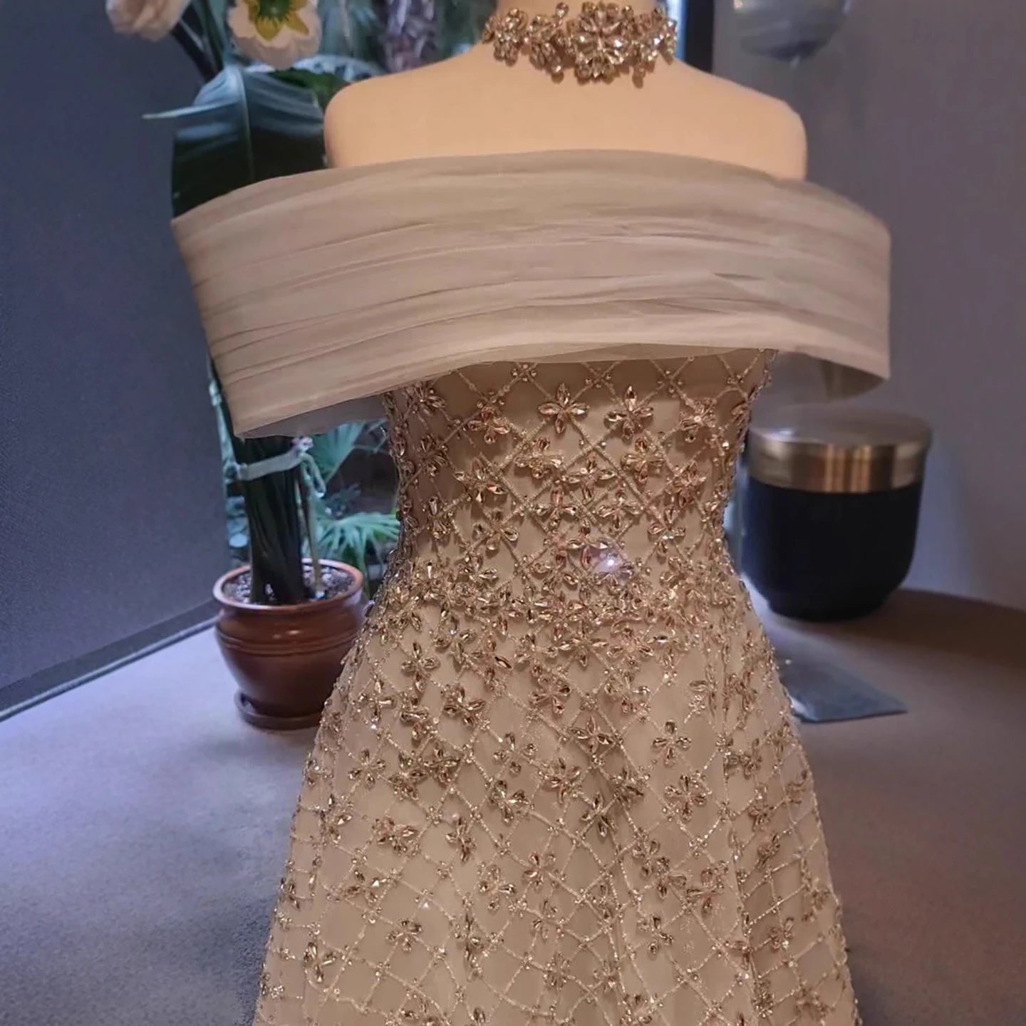 Luxury Silver Gray Turkish Crystal Beaded Evening Dress LA73062A