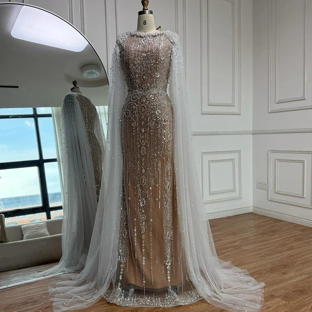 Luxury White Nude Mermaid Pearls Beaded Evening Dress with Cape Sleeves LA72444