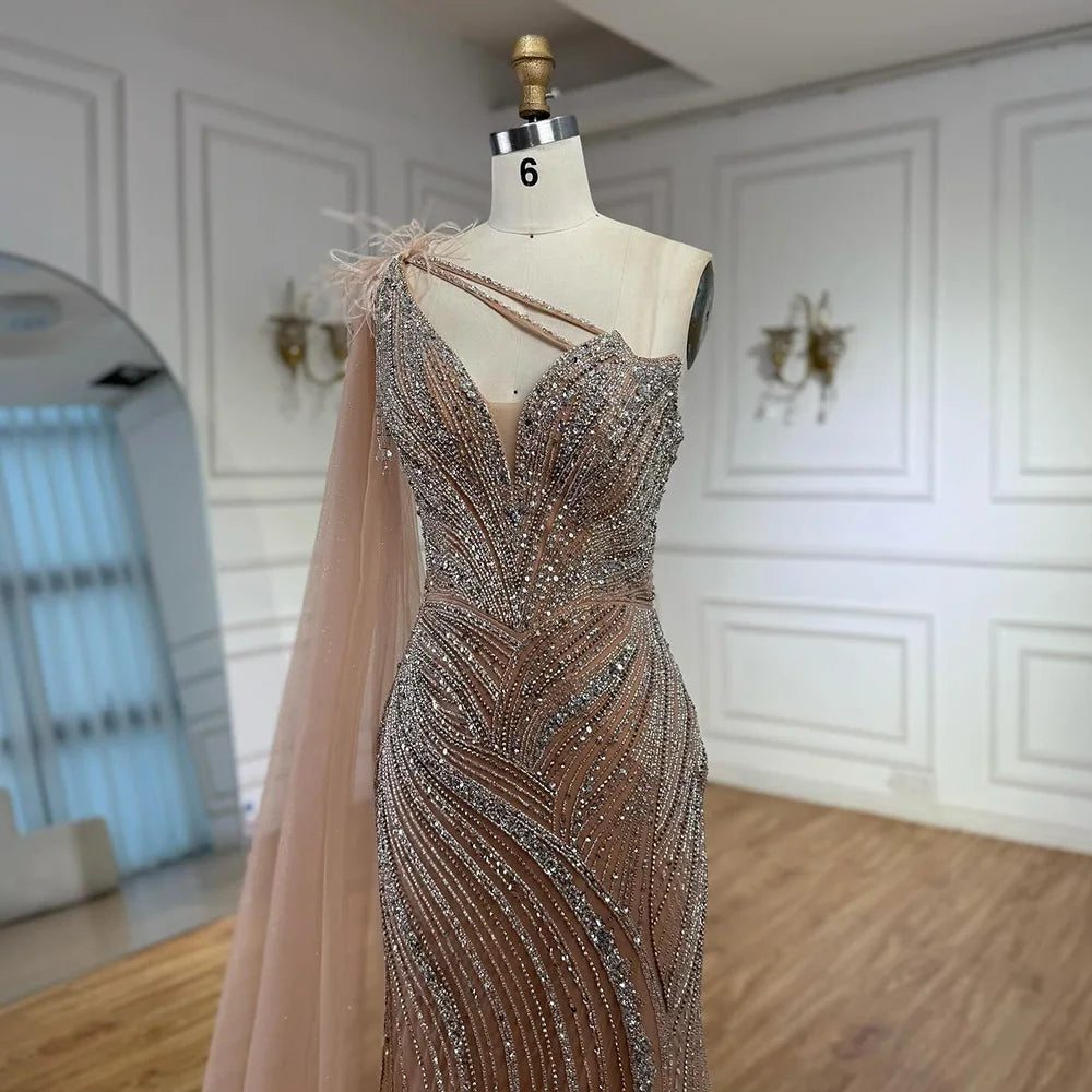 Luxury Caramel One Shoulder Beaded Mermaid Evening Dress LA72895