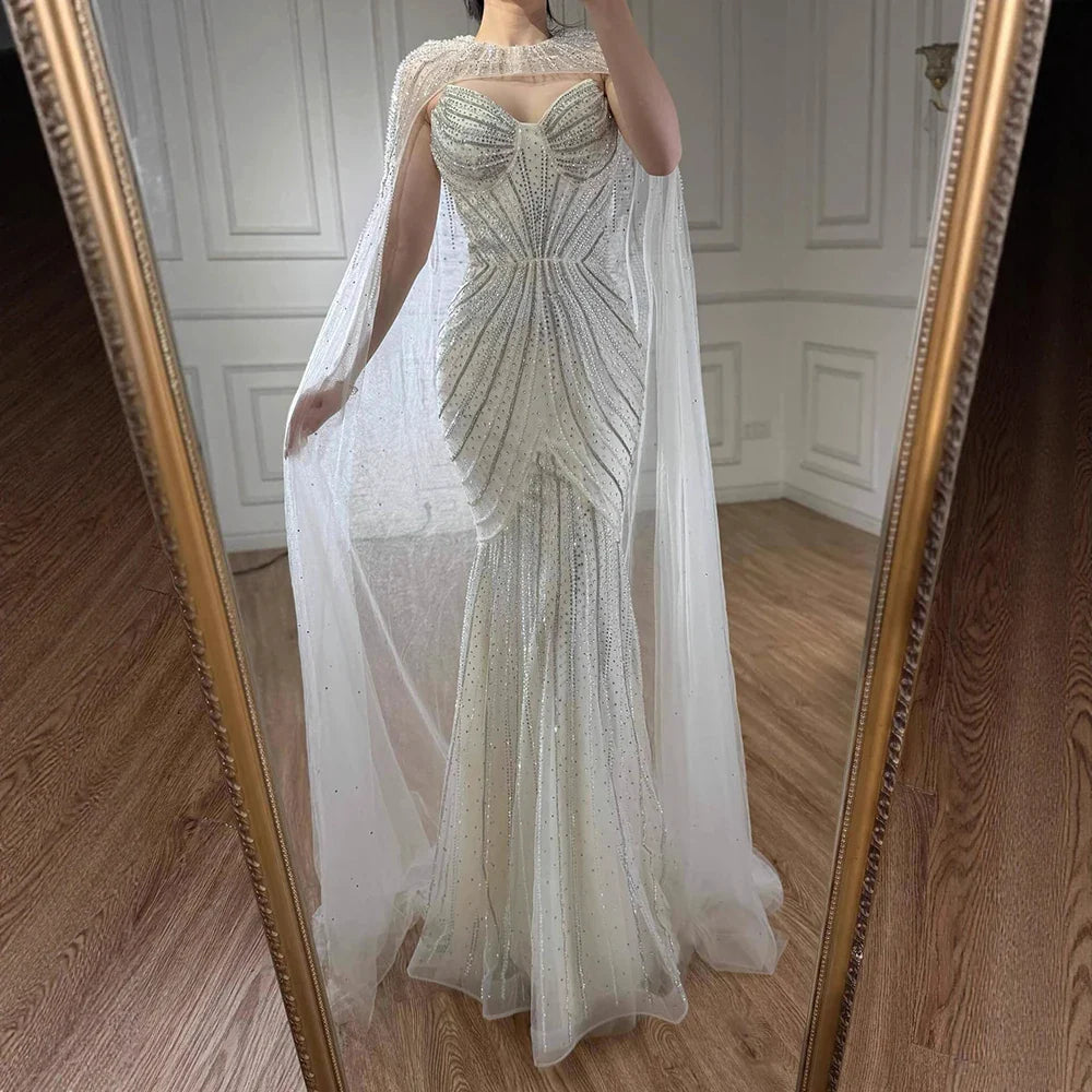 Luxury Blue Beaded Evening Gown with Detachable Cape LA72784