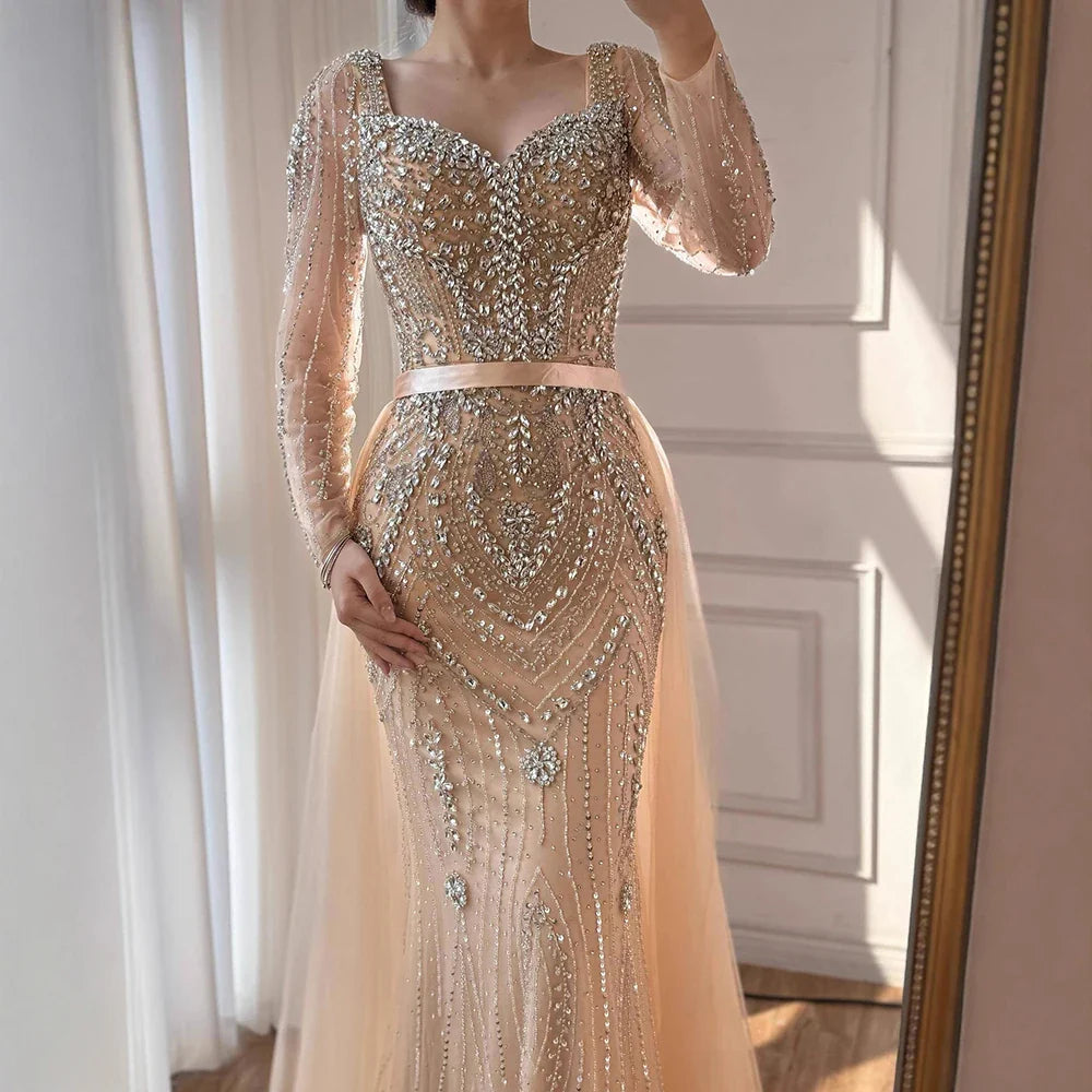 Luxury Nude Beaded Mermaid Evening Dress with Overskirt LA73190