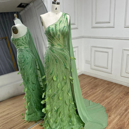 Green One-Shoulder Beaded Feathers Evening Gown with Side Cape Shawl LA72698