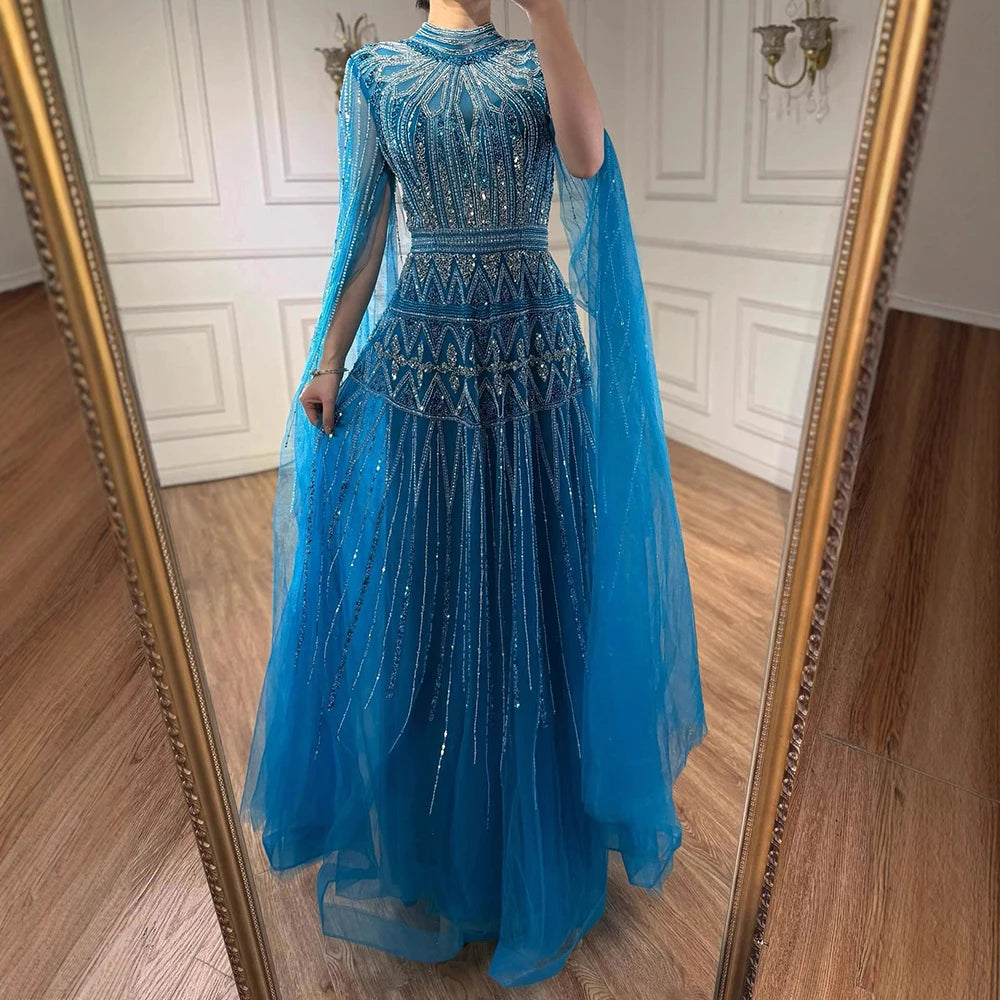 Luxury Arabic Blue Beaded Evening Dress with Cape Sleeves LA73187