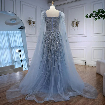 Elegant Blue Beaded Feather A-Line Evening Dress With Cape  LA73043