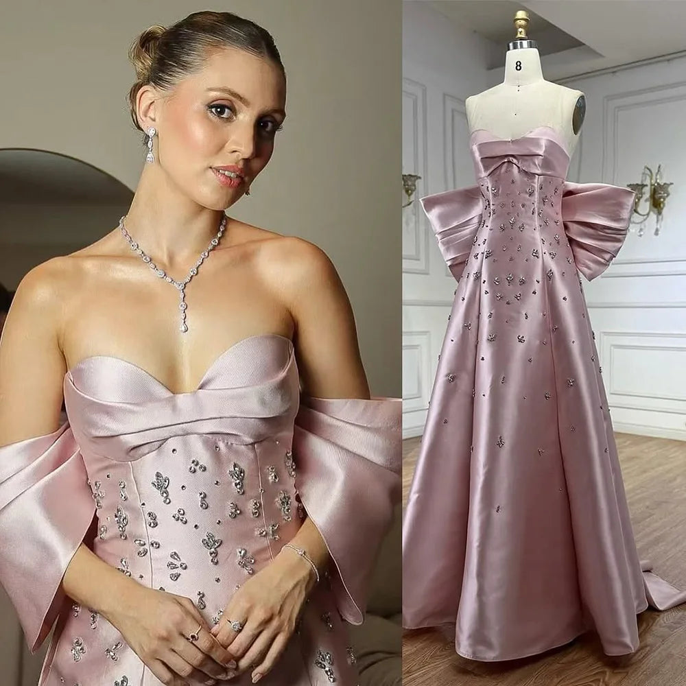 Pink Satin Strapless Mermaid Evening Dress with Big Bow LA72414B