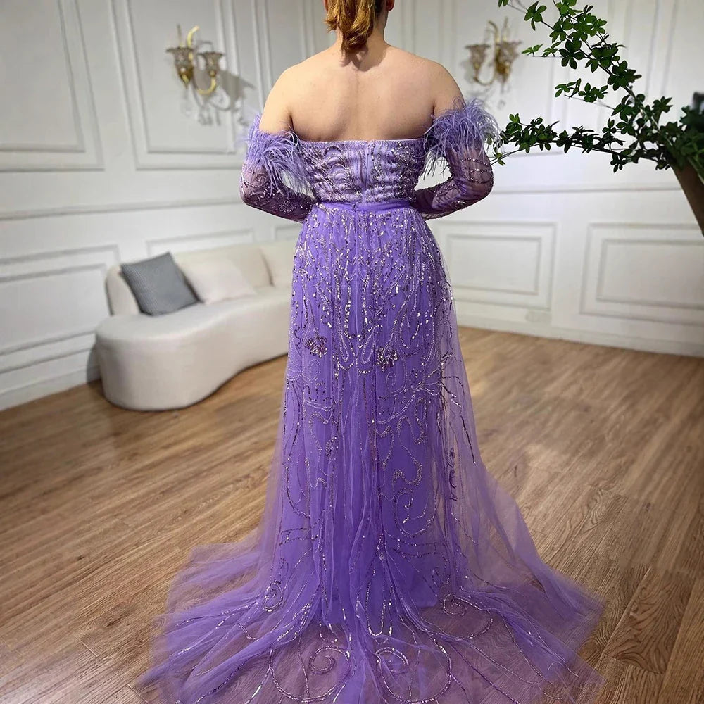 Luxury Arabic Nude Mermaid High Split Feather Beaded Evening Dress LA71910