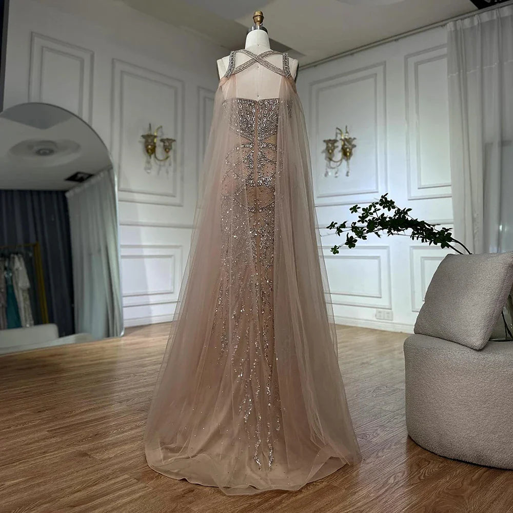 Luxury Nude Cape Sleeves Beaded Crystal Evening Dress LA72806
