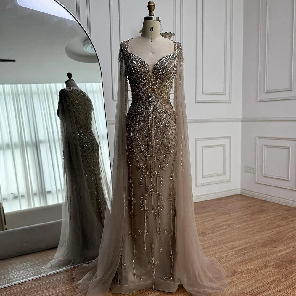 Elegant Beige Beaded Evening Dress with Cape Sleeves LA72992