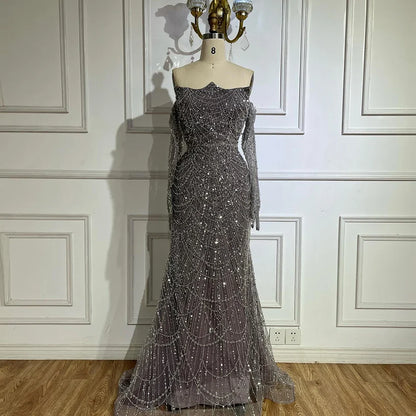 Luxury Pearls Green Mermaid Evening Dress With Gloves Plush Size LA72352