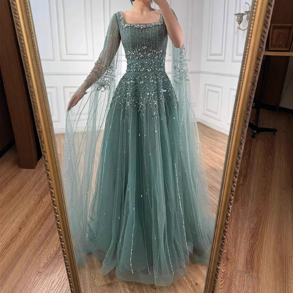 Luxury Caramel A-Line Beaded Evening Dress with Cape Sleeves LA73089A