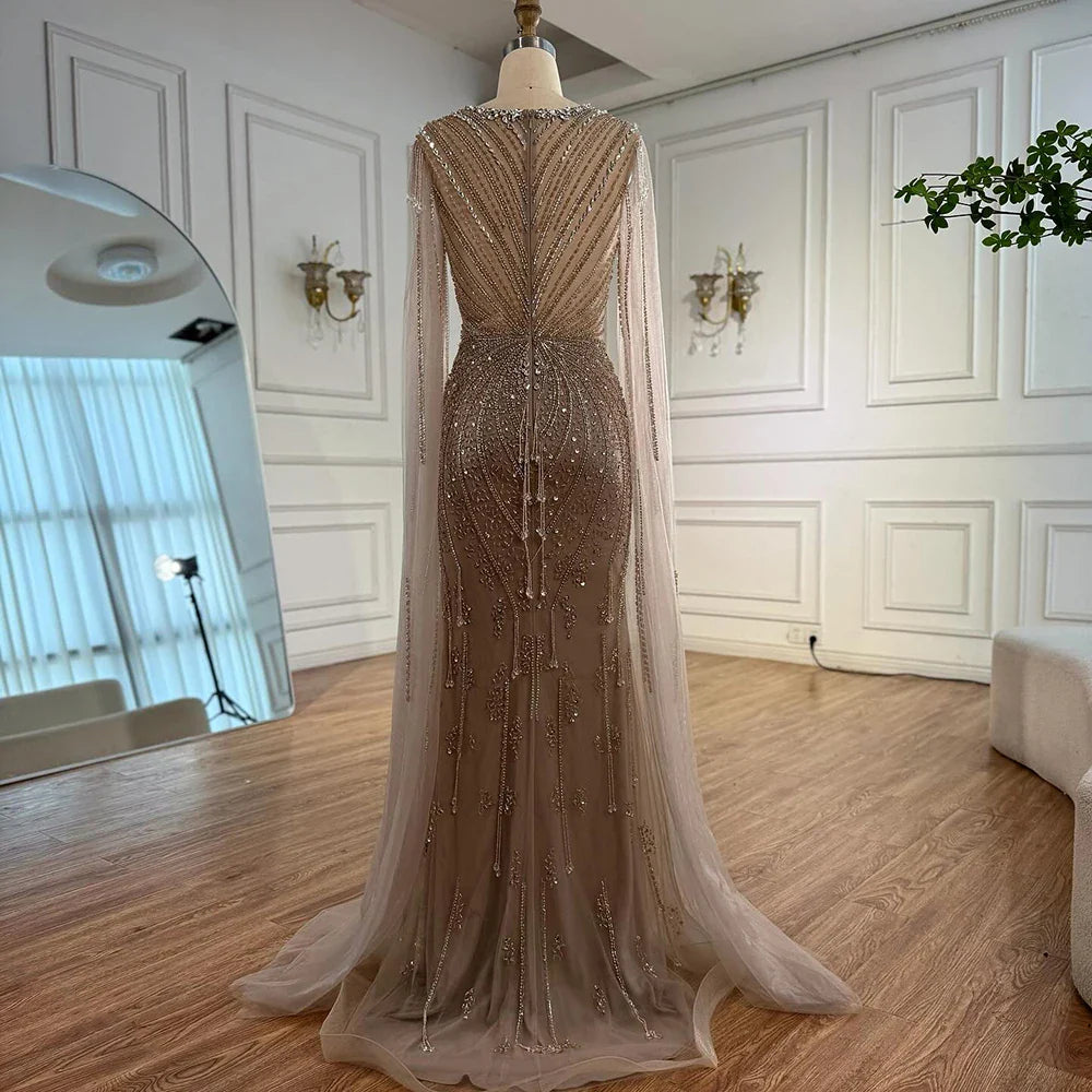 Elegant Beige Beaded Evening Dress with Cape Sleeves LA72992