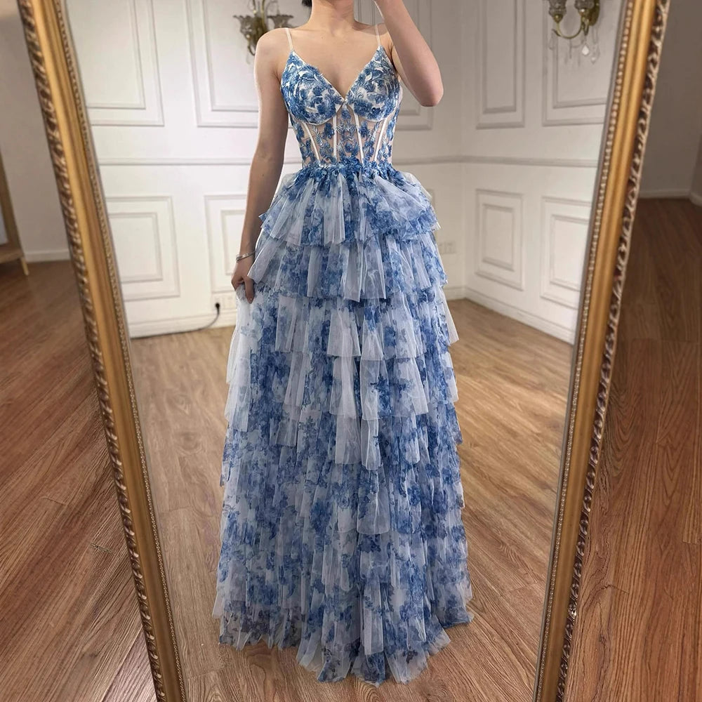 Elegant  Blue Tiered Spaghetti Strap A-Line Evening Dress LA73171
