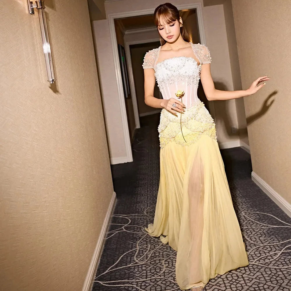 Luxury Yellow Pearls A-Line Evening Dress with Flowing Coat LA72978