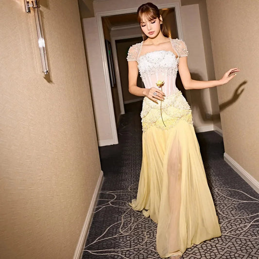Luxury Yellow Pearls A-Line Evening Dress with Flowing Coat LA72978
