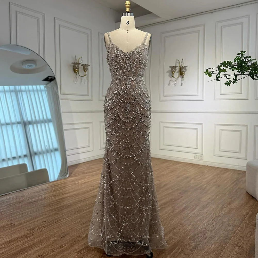 Nude Beaded Mermaid Evening Dress with Pearls LA72986A