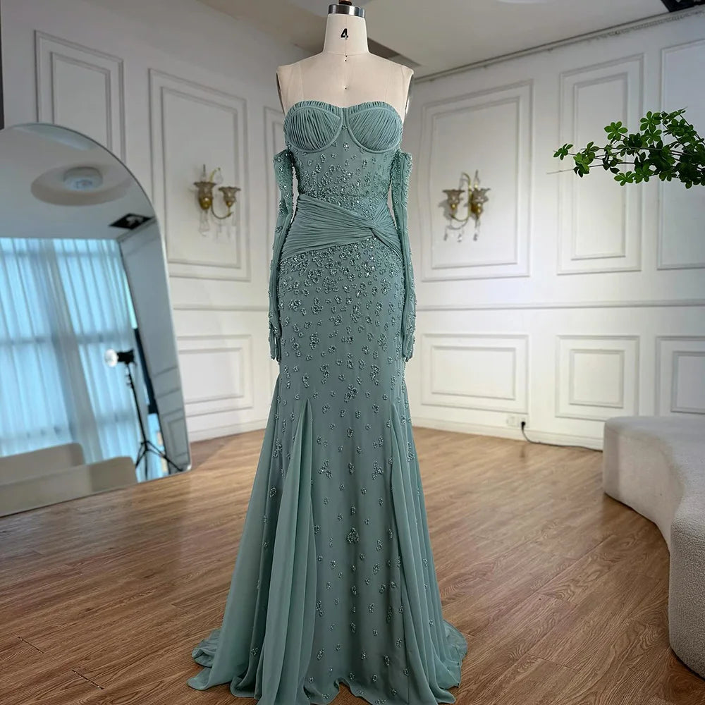 Luxury Turquoise Strapless Beaded Mermaid Evening Dress with Gloves LA72933