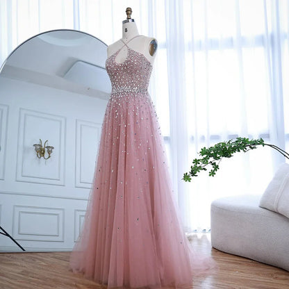 Caramel Halter Beaded Tulle A-Line Evening Gown Dubai Saudi LA72863