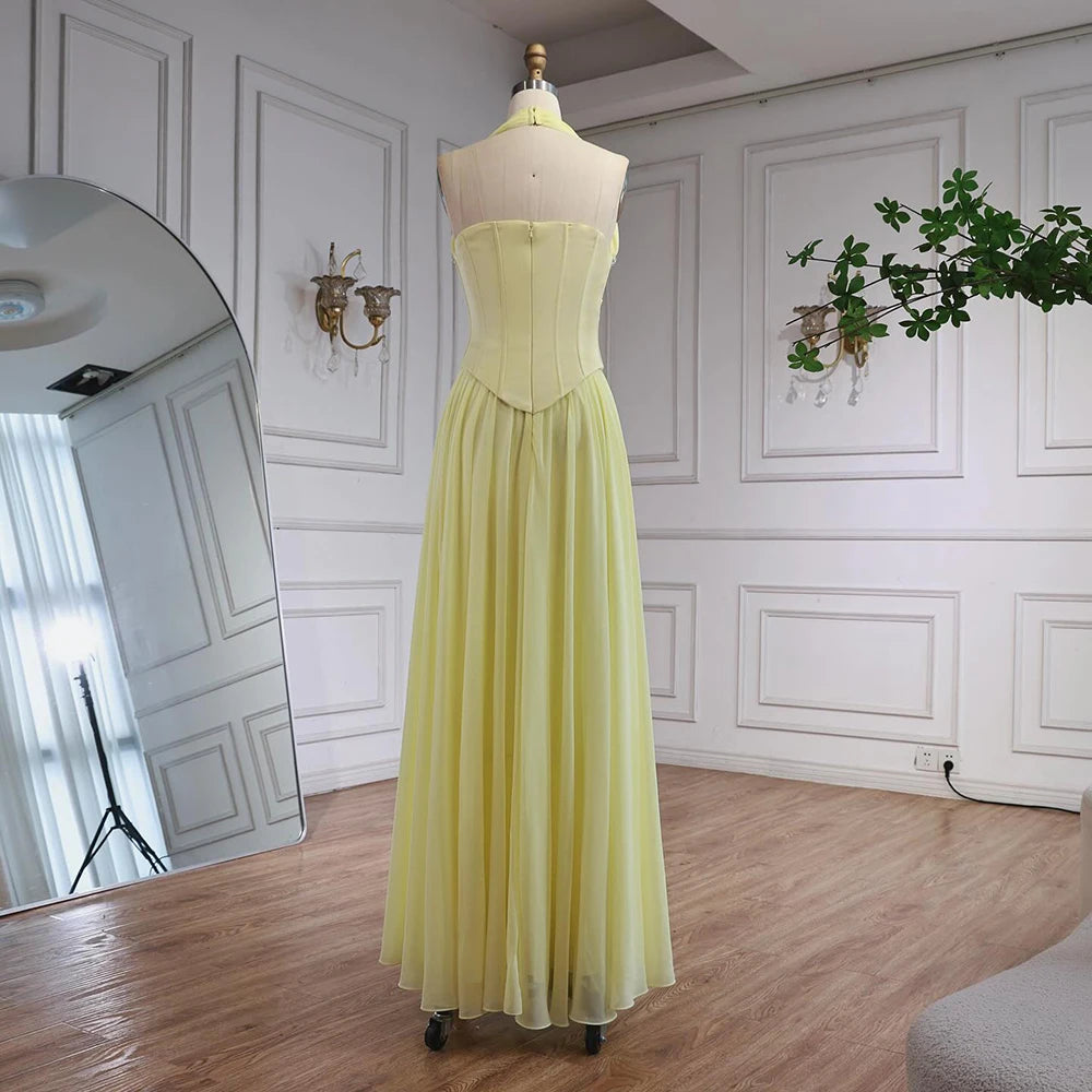 Luxury Designer Sage Green Chiffon Halter Beaded   Evening Dress LA73074