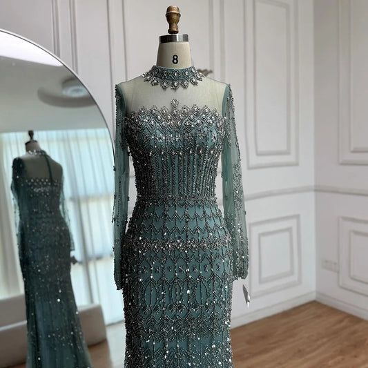 Luxury Arabic Turquoise Beaded Mermaid Evening Dress Long Sleeve LA72714C