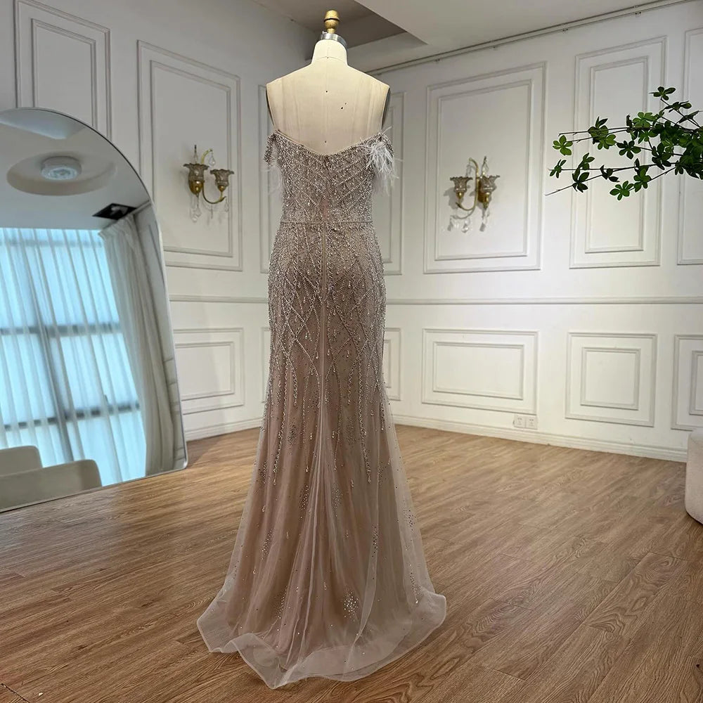 Luxury Dubai Nude Beaded Mermaid Evening Gown with Feather Formal Occasion LA72818