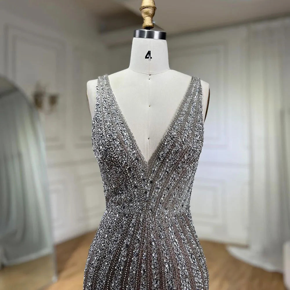 Luxury Silver Feather Mermaid V-Neck Evening Dress LA60749