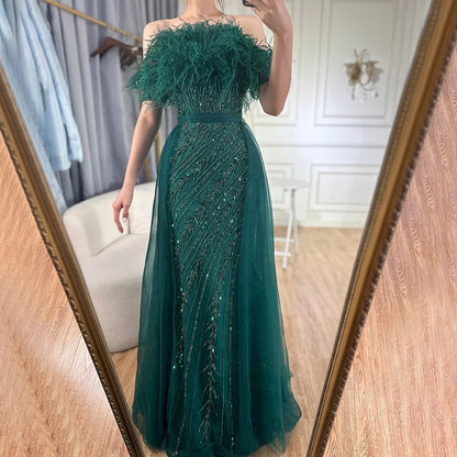 Luxury Dubai Saudi Arabic Beaded Caramel Mermaid Elegant Evening Dresses Gowns with Overskirt LA71634A