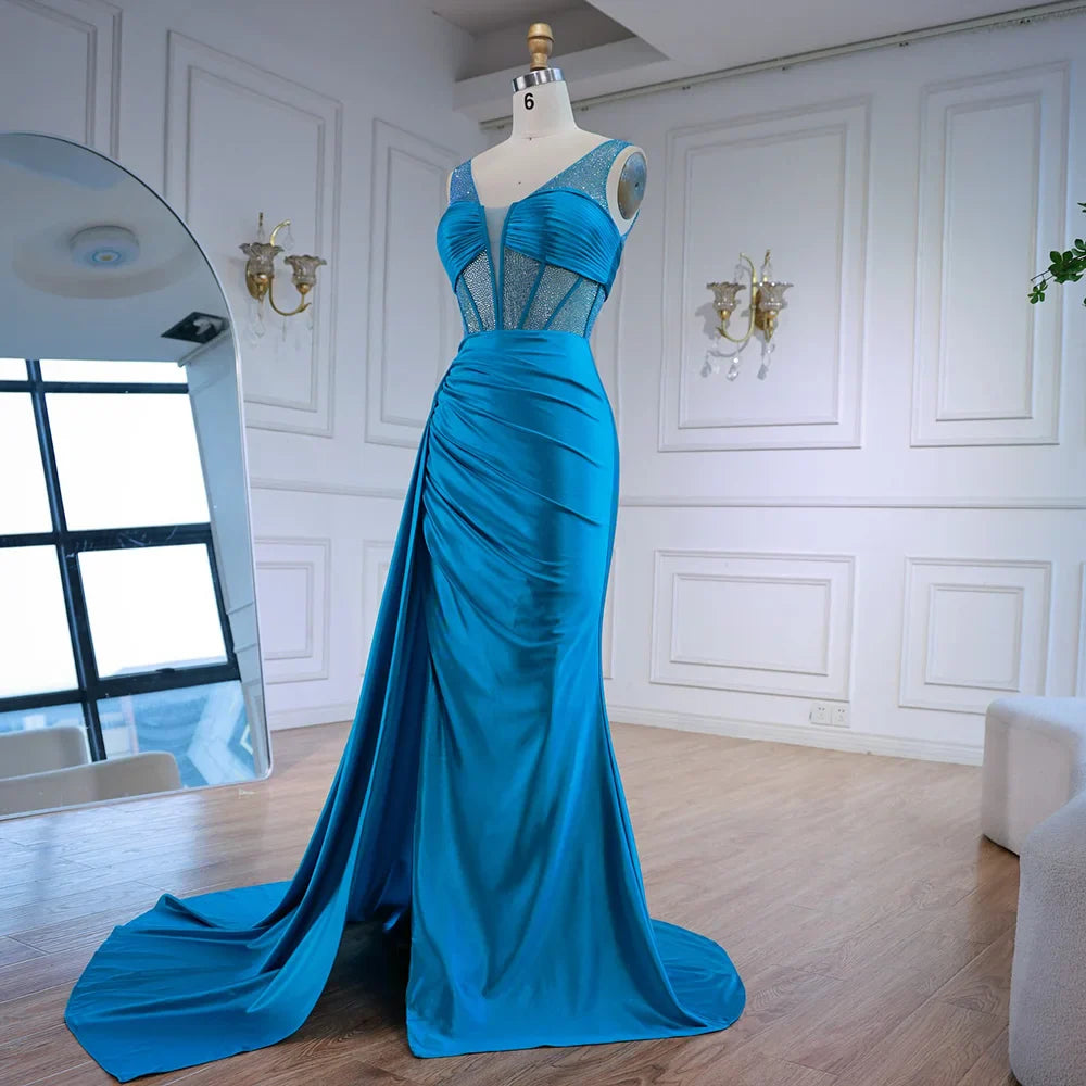 Luxury Blue Prom Dress with Side Overskirt Spaghetti Straps LA73011