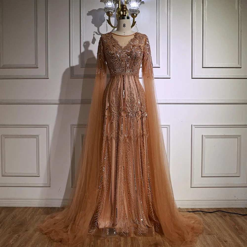 Rose Gold Beaded A-Line Evening Dress with Cape Sleeves LA73056