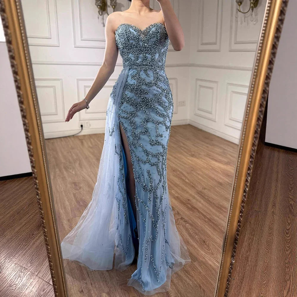 Luxury Saudi Arabic Blue Beaded Evening Dress with Slit LA72877