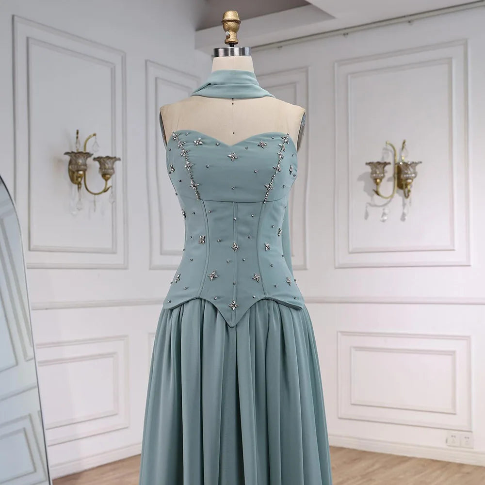 Elegant Sage Green Strapless A-Line Chiffon Evening Dress LA73073