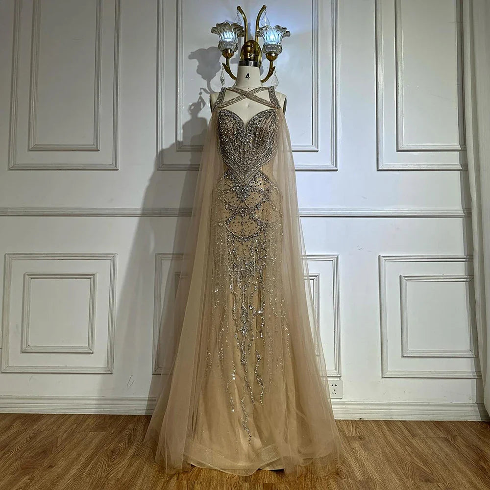 Luxury Nude Cape Sleeves Beaded Crystal Evening Dress LA72806