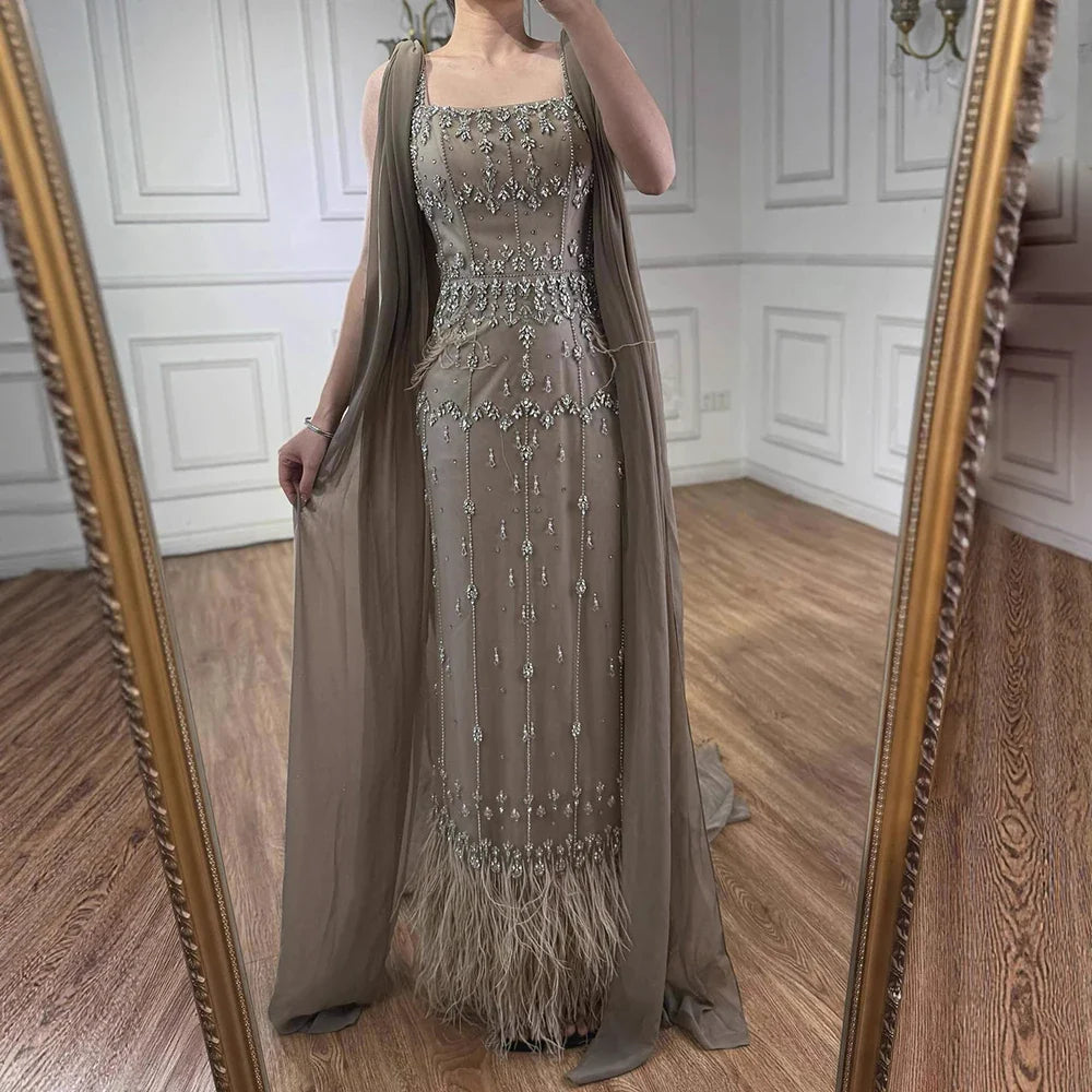 Luxury Caramel Beaded Mermaid Evening Dress with Feathers LA71492B