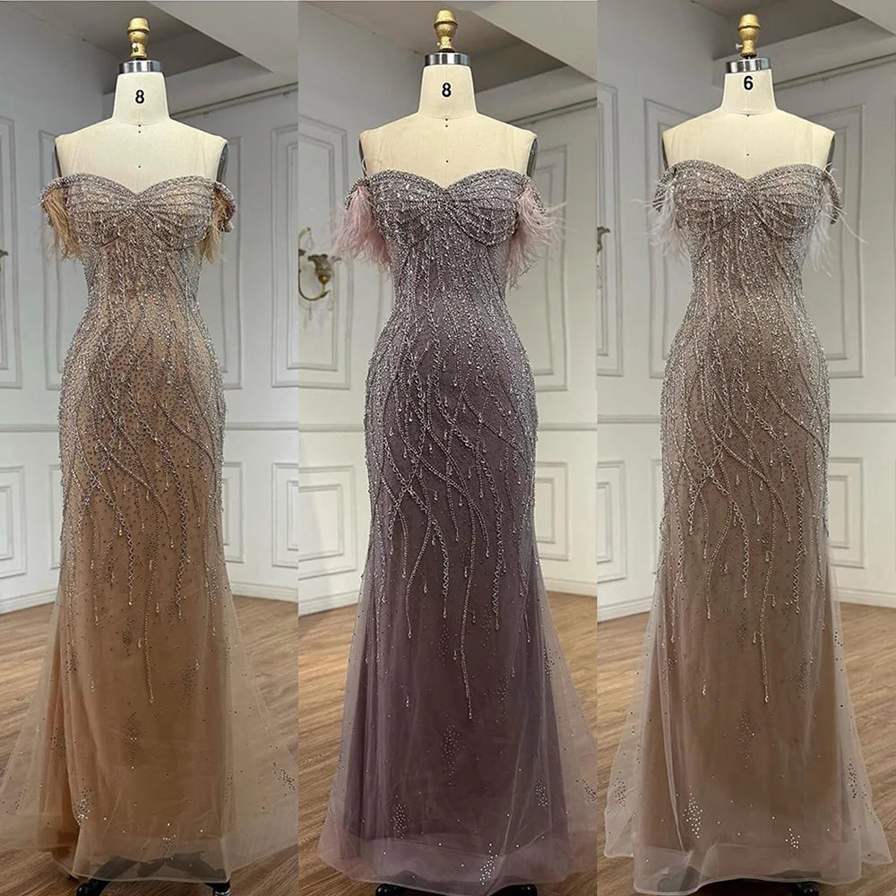 Luxury Dubai Nude Beaded Mermaid Evening Gown with Feather Formal Occasion LA72818
