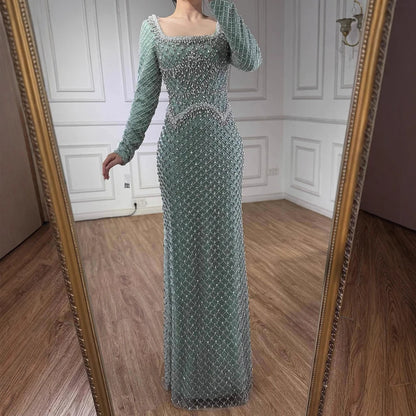 Luxury Pearl Beaded Mermaid Evening Dress with Long Sleeves LA72919A