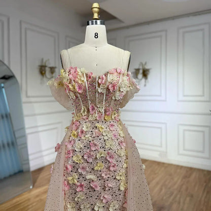 Luxury Nude Floral Beaded Off Shoulder   Evening Dress with Overskirt LA72861