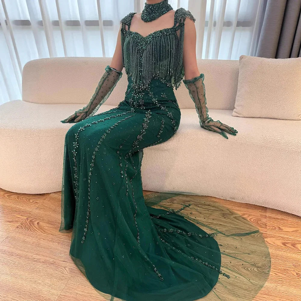 Luxury Arabic Nude Kendall Jenner Mermaid Evening Dress Beaded Tassel LA71540