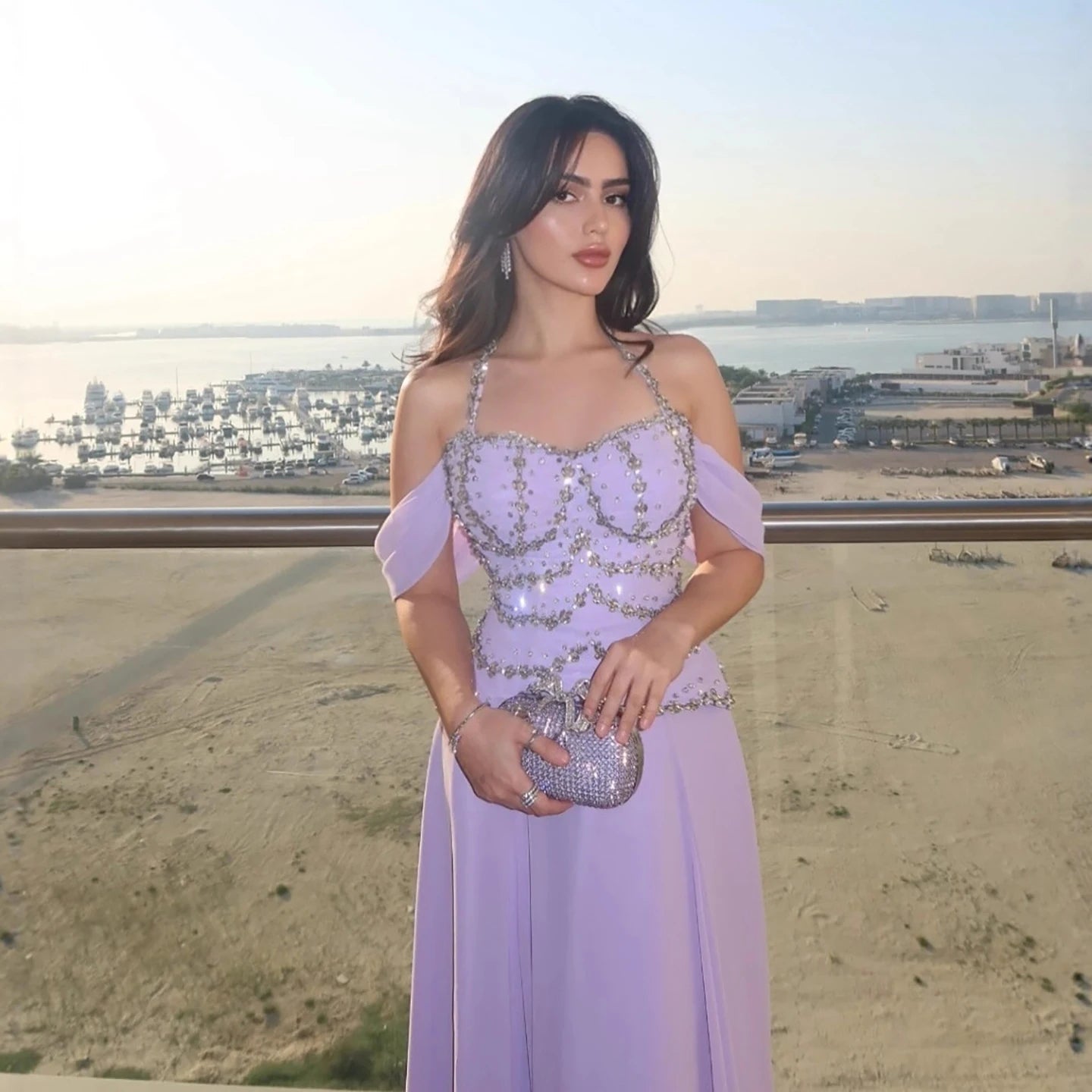 Luxury Arabic Lilac Chiffon Beaded A-Line Evening Dress LA73327