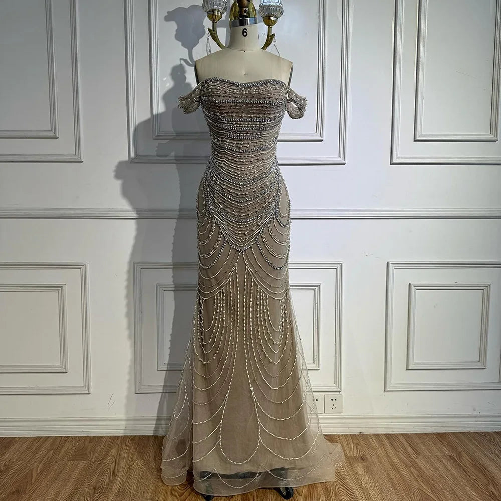 Arabic Caramel Off Shoulder Beaded Mermaid Evening Dress with Pearls LA72253C