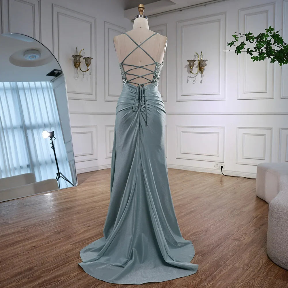 Luxury Light Green Satin Prom Dress with Lace and Slit LA73032A