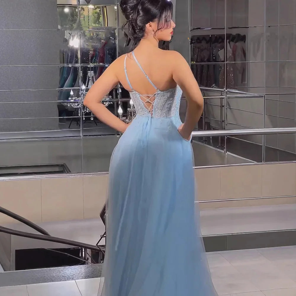 Serene Hill Arabic Blue Spaghetti Strap A Line One Shoulder Beaded Luxury Evening Dresses Gowns for Women's Party 2025 LA72589