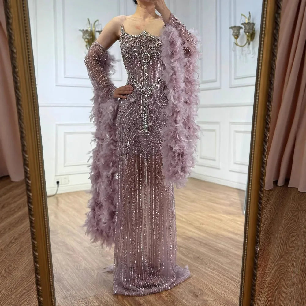 Luxury Caramel Beaded Mermaid Evening Dress with Feather Sleeves LA73055