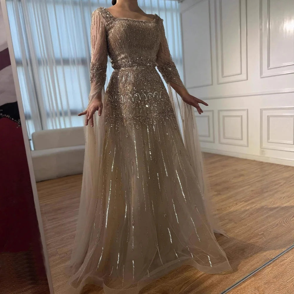 Caramel A-Line Evening Dress with Beaded Cape Sleeves LA73089