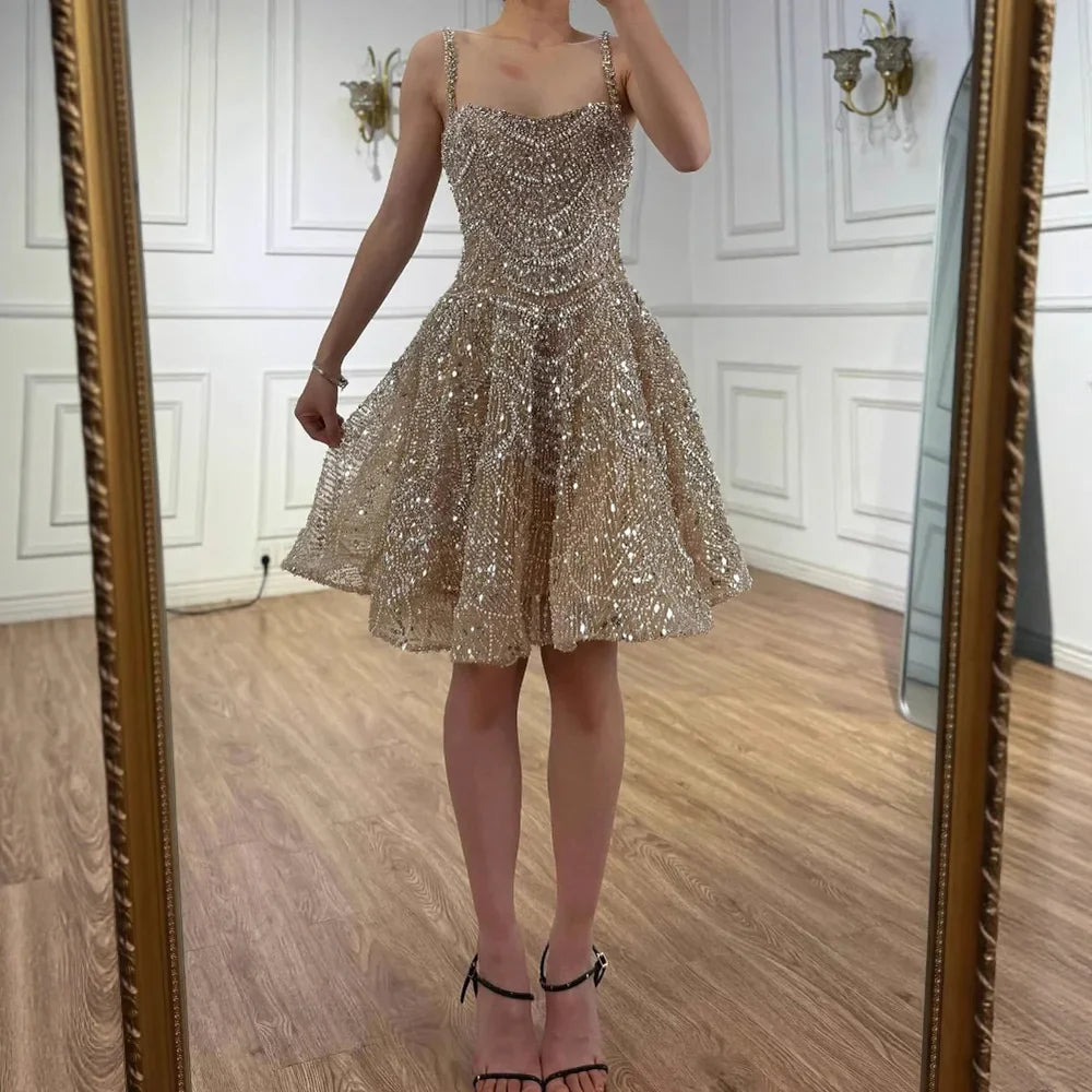 Luxury Nude Crystal A-Line Short Sparkly Cocktail Party Dress LA72983
