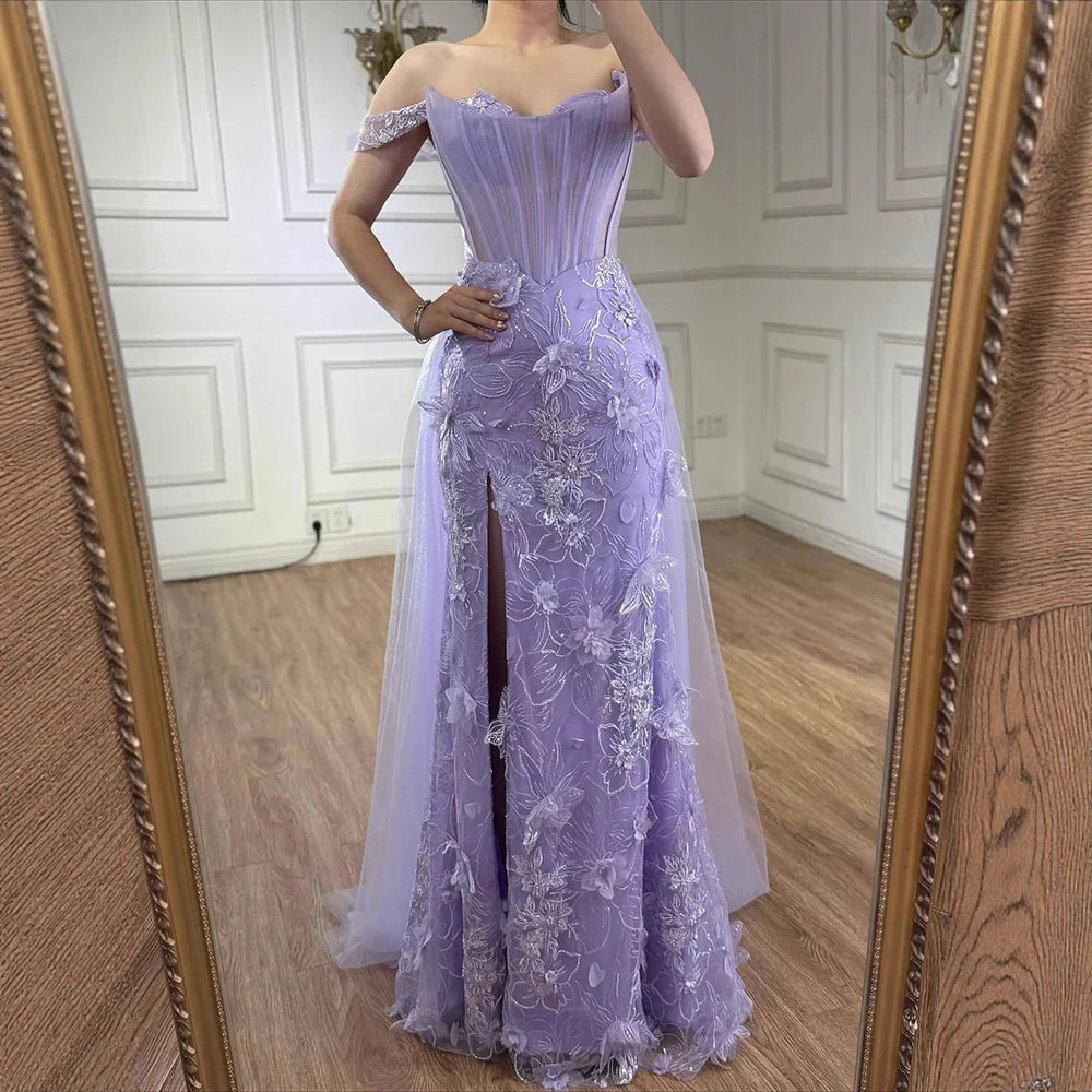 Lilac Off Shoulder Corset Beaded High Slit Tulle Gown LA72874